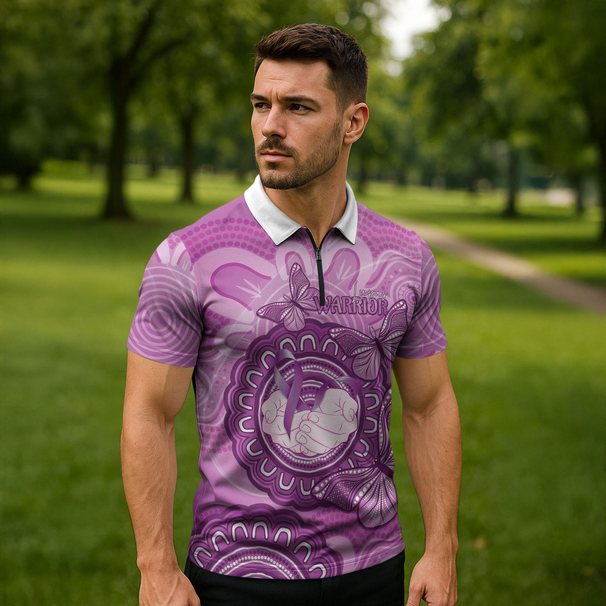 Australia Lupus Support Month Personalised Zipper Polo Shirt Warrior Purple Ribbon Butterflies Indigenous Art