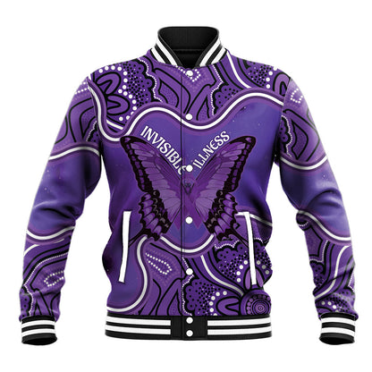 Australia Lupus Support Month Personalised Baseball Jacket Butterfly Purple Ribbon Invisible Illness Indigenous Art