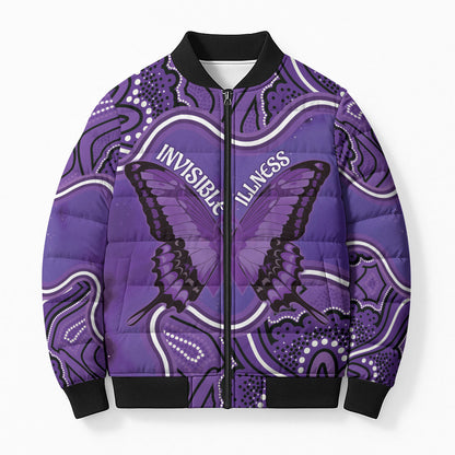 Australia Lupus Support Month Personalised Bomber Puffer Jacket Butterfly Purple Ribbon Invisible Illness Indigenous Art