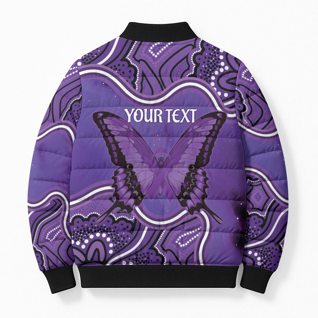 Australia Lupus Support Month Personalised Bomber Puffer Jacket Butterfly Purple Ribbon Invisible Illness Indigenous Art