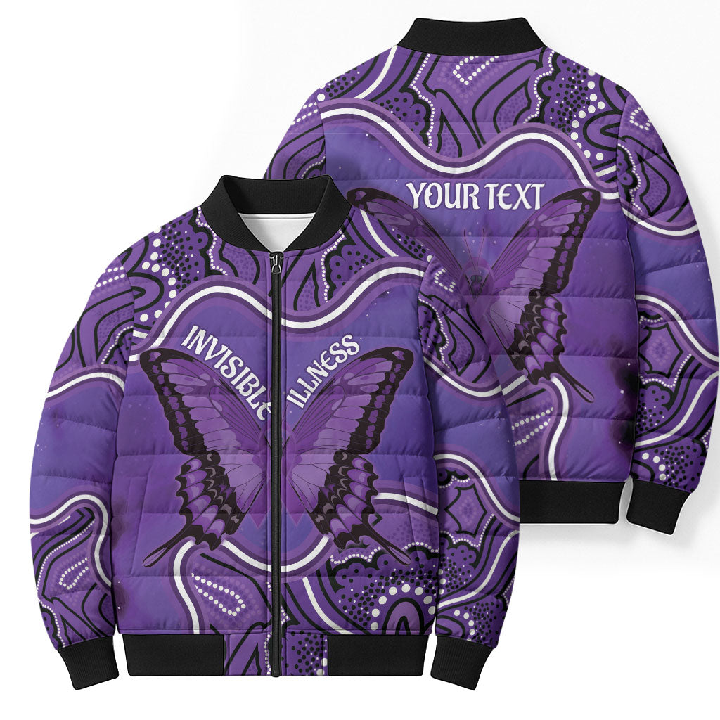 Australia Lupus Support Month Personalised Bomber Puffer Jacket Butterfly Purple Ribbon Invisible Illness Indigenous Art