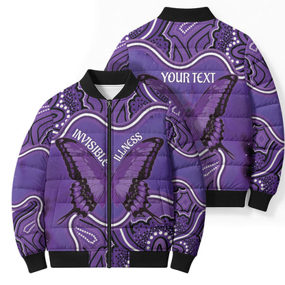Australia Lupus Support Month Personalised Bomber Puffer Jacket Butterfly Purple Ribbon Invisible Illness Indigenous Art