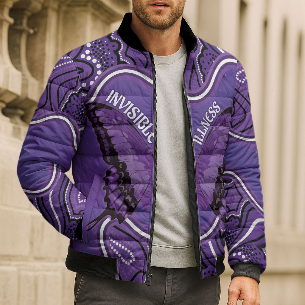 Australia Lupus Support Month Personalised Bomber Puffer Jacket Butterfly Purple Ribbon Invisible Illness Indigenous Art
