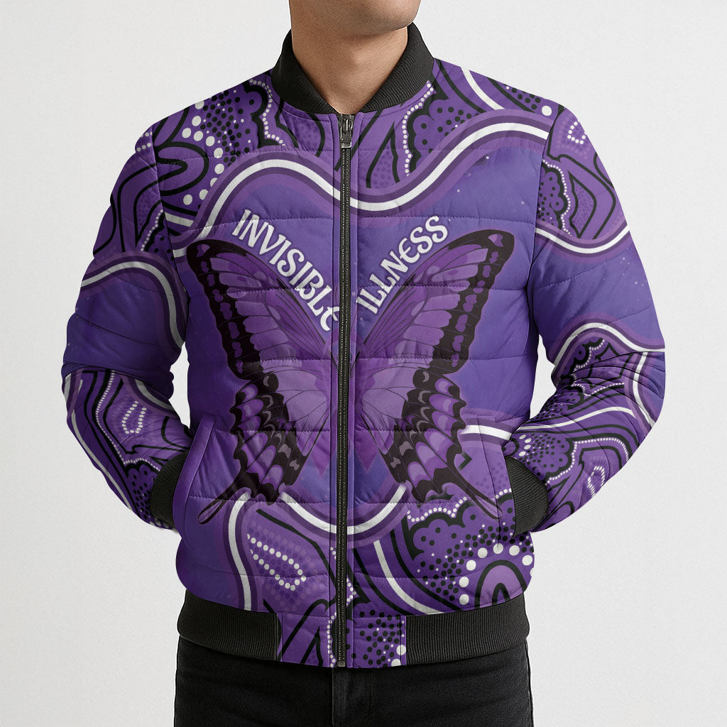 Australia Lupus Support Month Personalised Bomber Puffer Jacket Butterfly Purple Ribbon Invisible Illness Indigenous Art