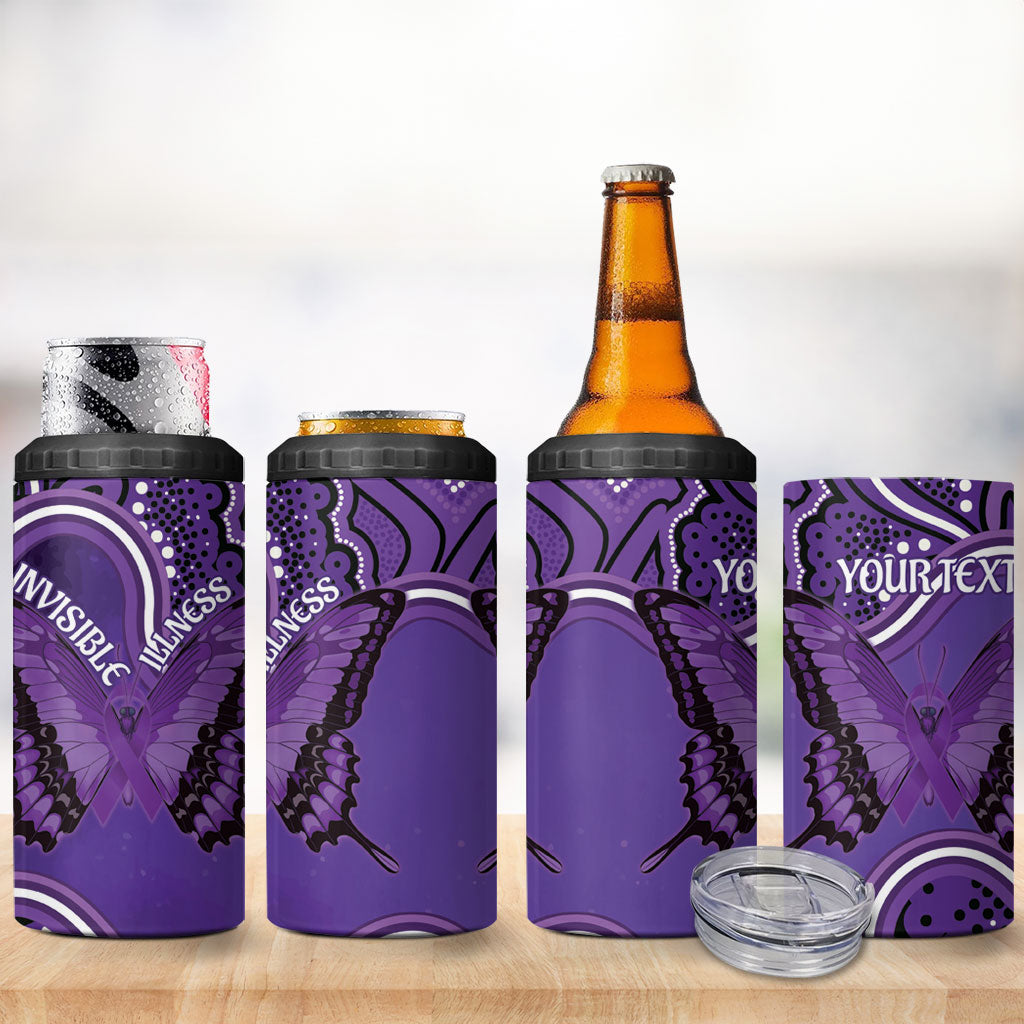 Australia Lupus Support Month Personalised 4 in 1 Can Cooler Tumbler Butterfly Purple Ribbon Invisible Illness Indigenous Art
