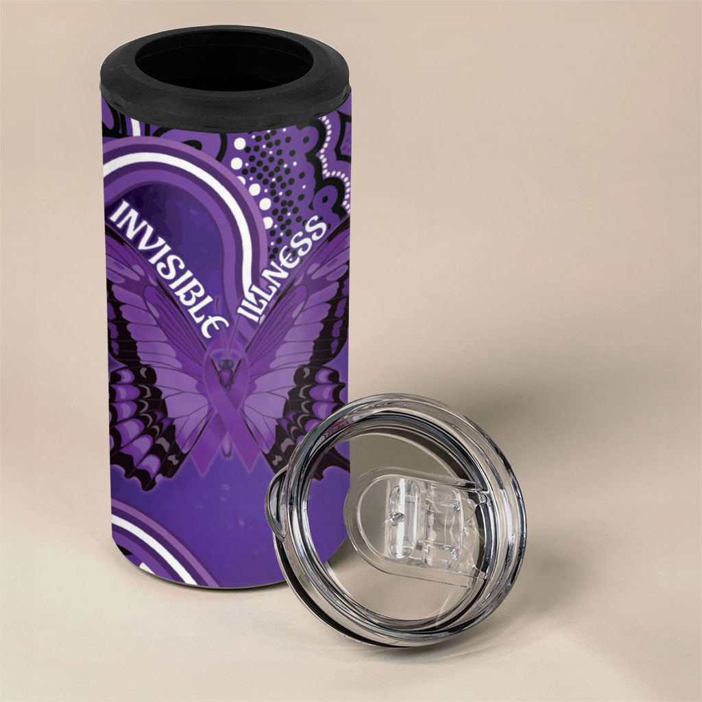 Australia Lupus Support Month Personalised 4 in 1 Can Cooler Tumbler Butterfly Purple Ribbon Invisible Illness Indigenous Art