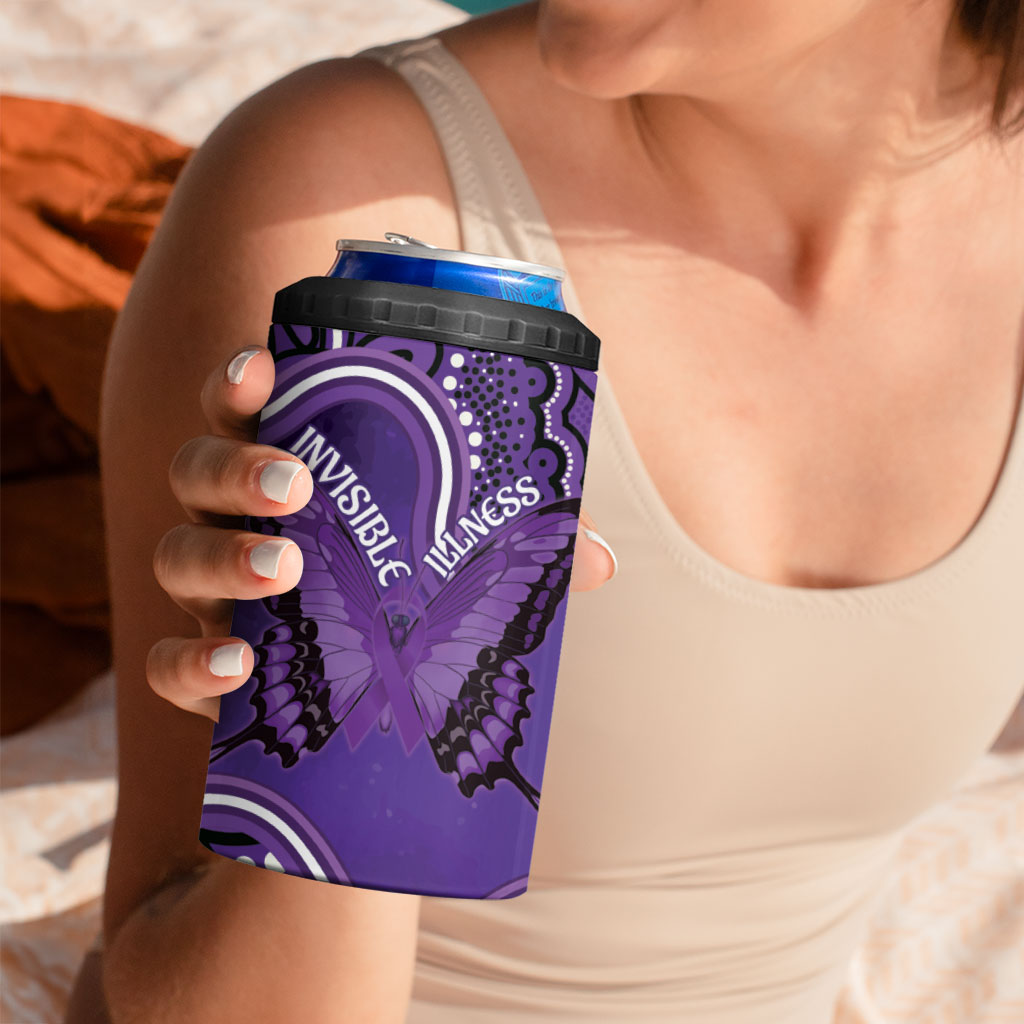Australia Lupus Support Month Personalised 4 in 1 Can Cooler Tumbler Butterfly Purple Ribbon Invisible Illness Indigenous Art