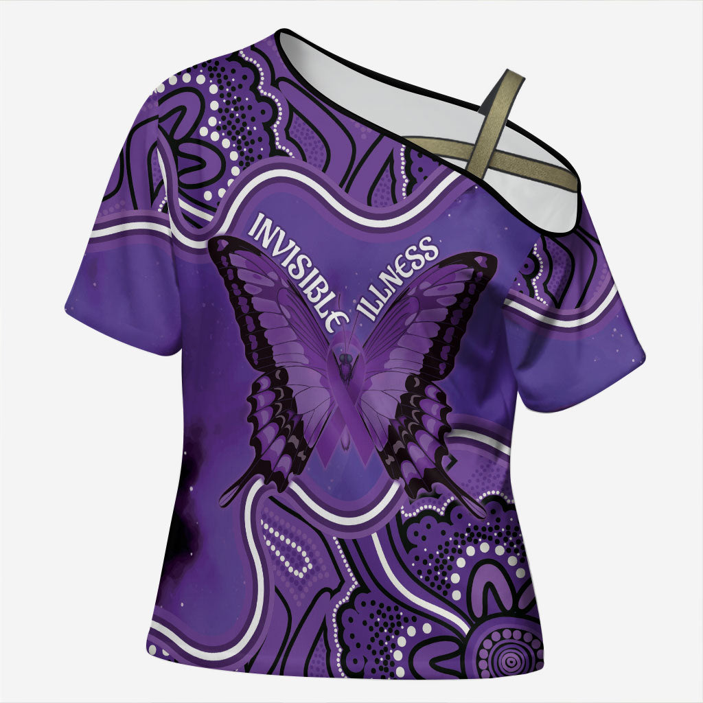 Australia Lupus Support Month Personalised Cross Shoulder Shirt Butterfly Purple Ribbon Invisible Illness Indigenous Art