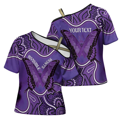 Australia Lupus Support Month Personalised Cross Shoulder Shirt Butterfly Purple Ribbon Invisible Illness Indigenous Art
