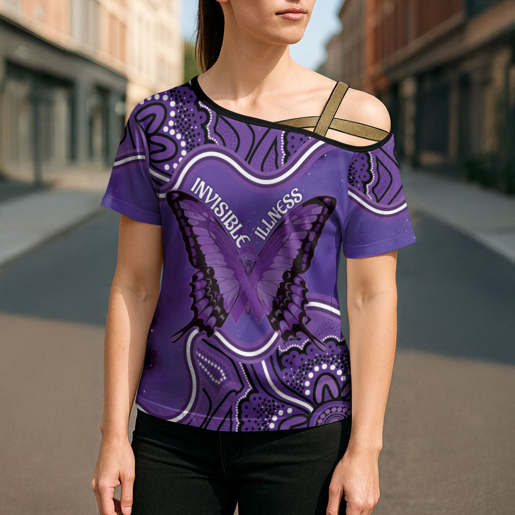 Australia Lupus Support Month Personalised Cross Shoulder Shirt Butterfly Purple Ribbon Invisible Illness Indigenous Art
