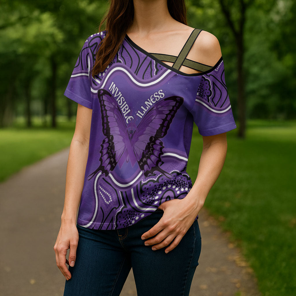 Australia Lupus Support Month Personalised Cross Shoulder Shirt Butterfly Purple Ribbon Invisible Illness Indigenous Art