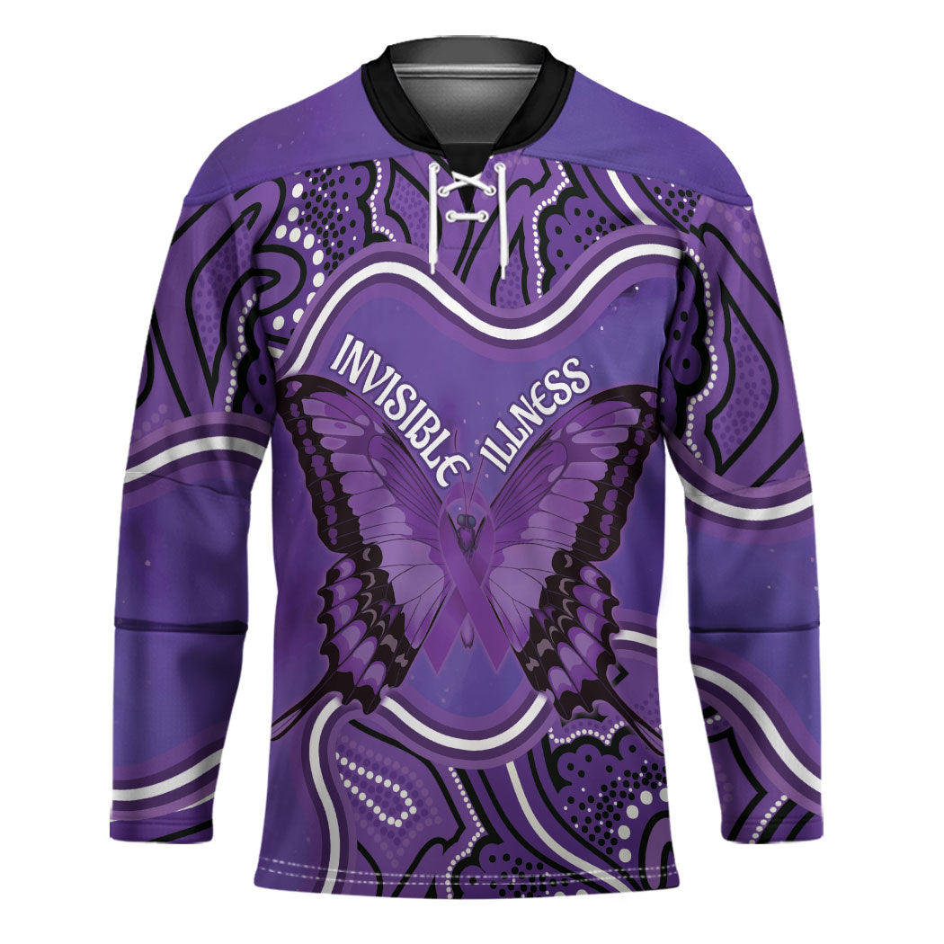 Australia Lupus Support Month Personalised Hockey Jersey Butterfly Purple Ribbon Invisible Illness Indigenous Art