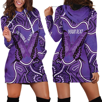Australia Lupus Support Month Personalised Hoodie Dress Butterfly Purple Ribbon Invisible Illness Indigenous Art