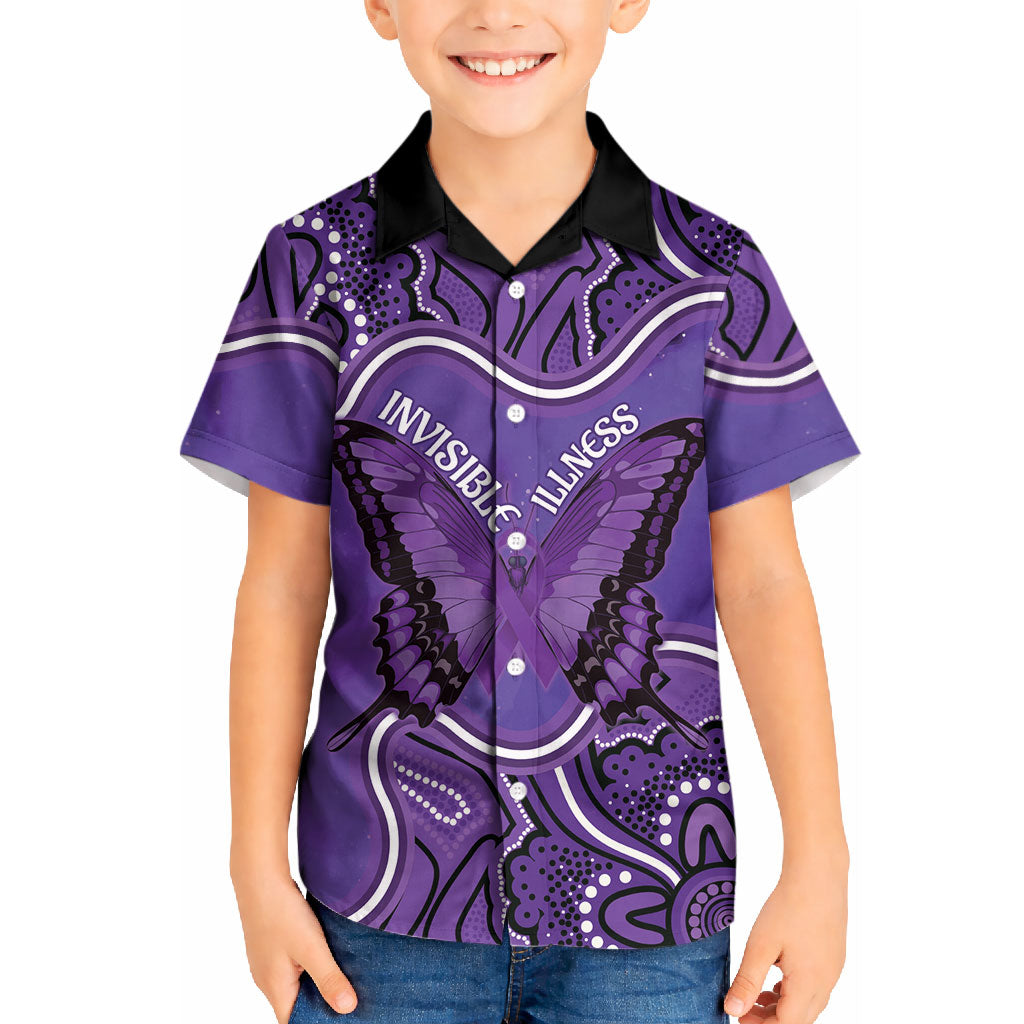 Australia Lupus Support Month Personalised Kid Hawaiian Shirt Butterfly Purple Ribbon Invisible Illness Indigenous Art