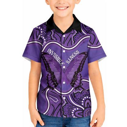 Australia Lupus Support Month Personalised Kid Hawaiian Shirt Butterfly Purple Ribbon Invisible Illness Indigenous Art