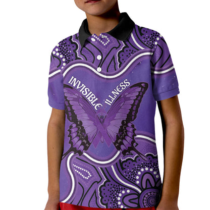 Australia Lupus Support Month Personalised Kid Polo Shirt Butterfly Purple Ribbon Invisible Illness Indigenous Art
