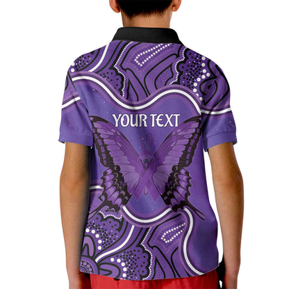 Australia Lupus Support Month Personalised Kid Polo Shirt Butterfly Purple Ribbon Invisible Illness Indigenous Art
