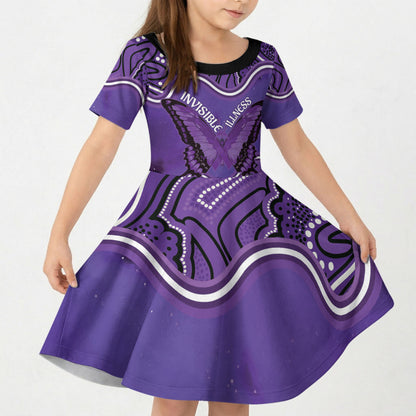 Australia Lupus Support Month Personalised Kid Short Sleeve Dress Butterfly Purple Ribbon Invisible Illness Indigenous Art