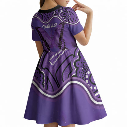 Australia Lupus Support Month Personalised Kid Short Sleeve Dress Butterfly Purple Ribbon Invisible Illness Indigenous Art