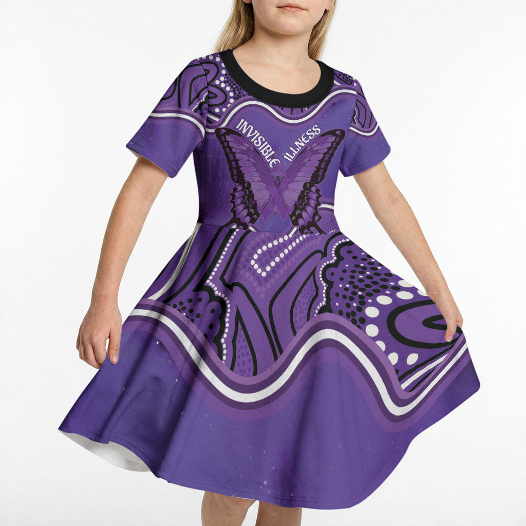 Australia Lupus Support Month Personalised Kid Short Sleeve Dress Butterfly Purple Ribbon Invisible Illness Indigenous Art
