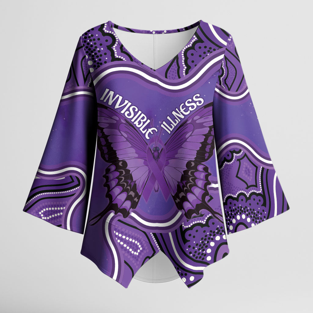 Australia Lupus Support Month Personalised Kimono Sleeve Blouse Butterfly Purple Ribbon Invisible Illness Indigenous Art