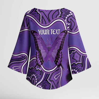Australia Lupus Support Month Personalised Kimono Sleeve Blouse Butterfly Purple Ribbon Invisible Illness Indigenous Art