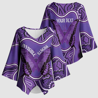 Australia Lupus Support Month Personalised Kimono Sleeve Blouse Butterfly Purple Ribbon Invisible Illness Indigenous Art