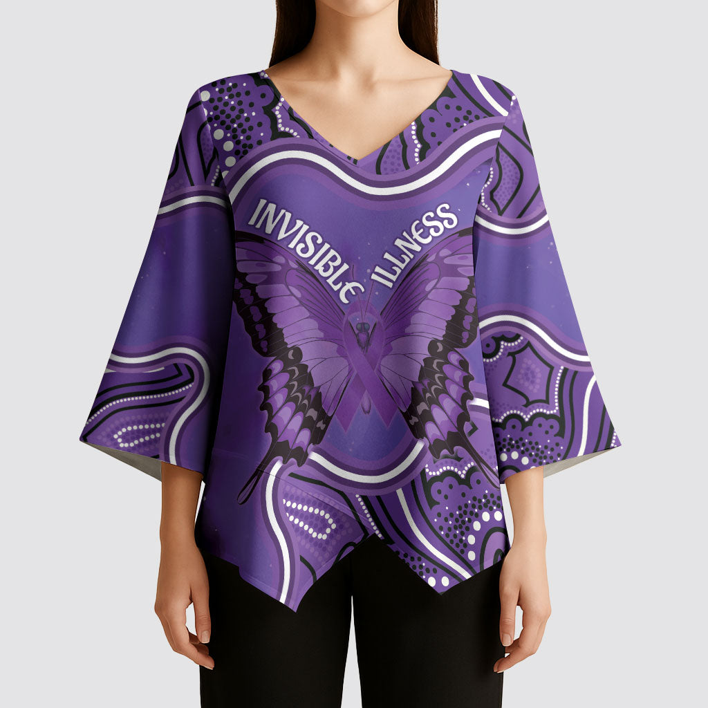 Australia Lupus Support Month Personalised Kimono Sleeve Blouse Butterfly Purple Ribbon Invisible Illness Indigenous Art