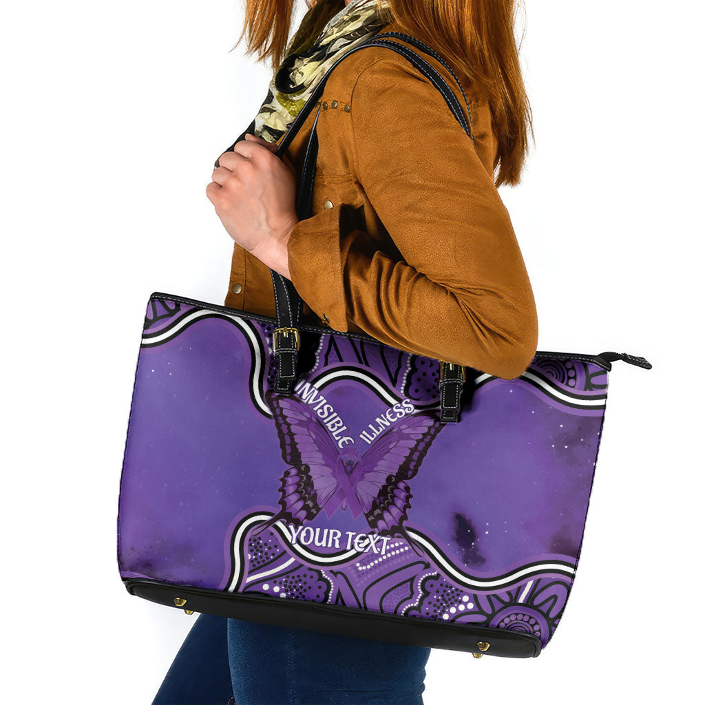 Australia Lupus Support Month Personalised Leather Tote Bag Butterfly Purple Ribbon Invisible Illness Indigenous Art