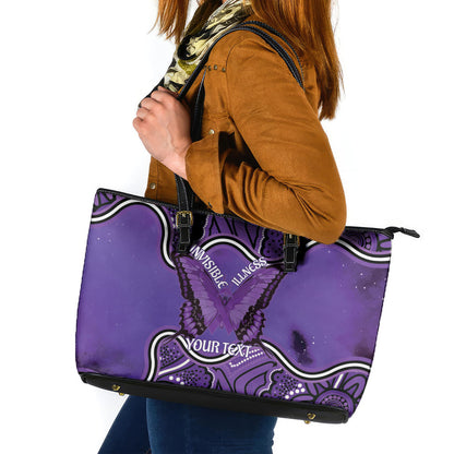Australia Lupus Support Month Personalised Leather Tote Bag Butterfly Purple Ribbon Invisible Illness Indigenous Art