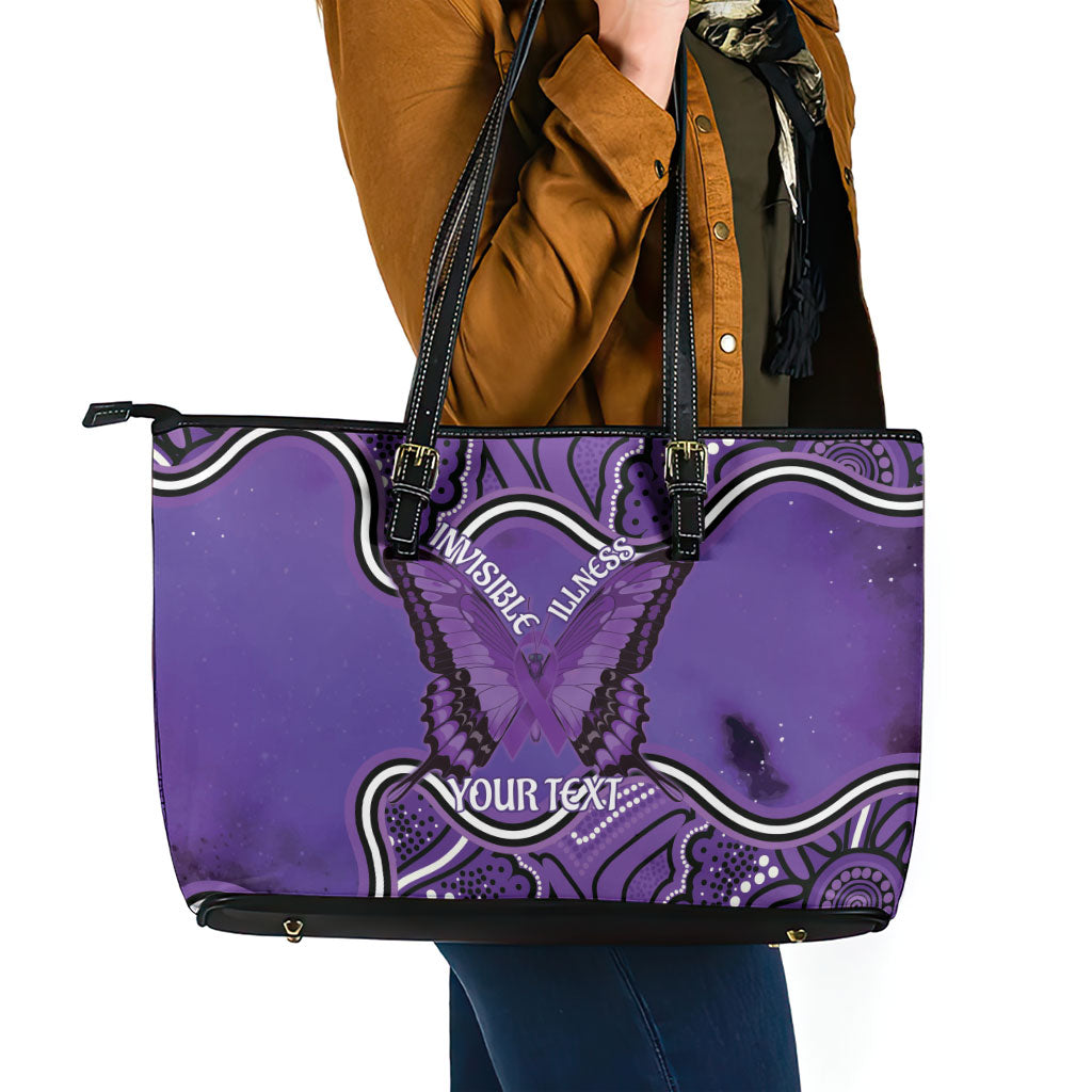 Australia Lupus Support Month Personalised Leather Tote Bag Butterfly Purple Ribbon Invisible Illness Indigenous Art