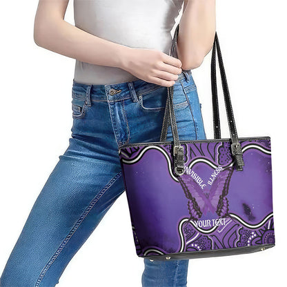 Australia Lupus Support Month Personalised Leather Tote Bag Butterfly Purple Ribbon Invisible Illness Indigenous Art