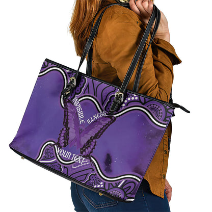 Australia Lupus Support Month Personalised Leather Tote Bag Butterfly Purple Ribbon Invisible Illness Indigenous Art