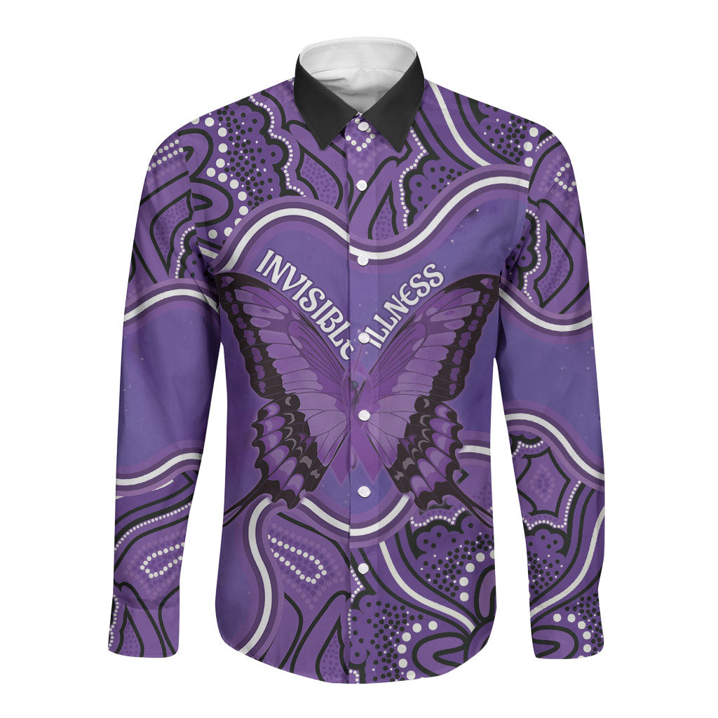 Australia Lupus Support Month Personalised Long Sleeve Button Shirt Butterfly Purple Ribbon Invisible Illness Indigenous Art
