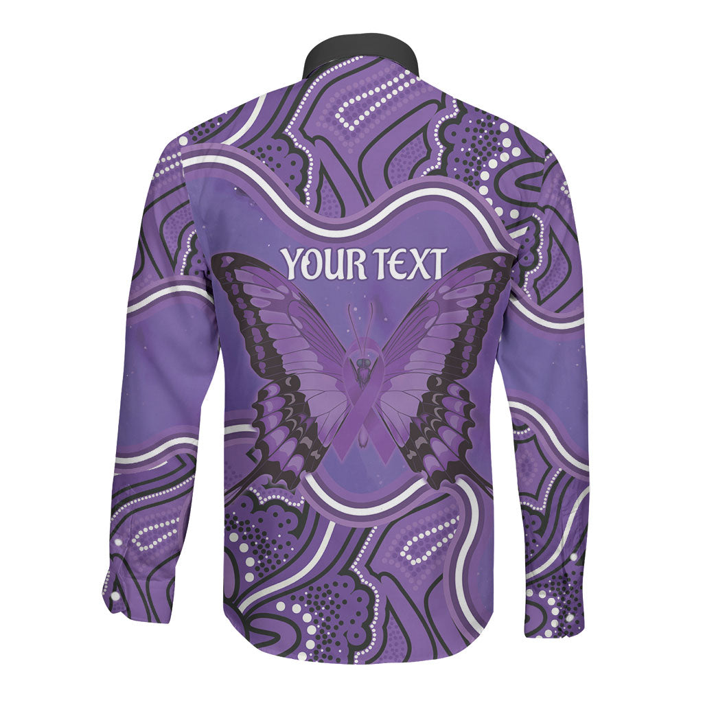 Australia Lupus Support Month Personalised Long Sleeve Button Shirt Butterfly Purple Ribbon Invisible Illness Indigenous Art