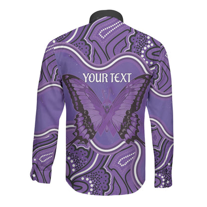 Australia Lupus Support Month Personalised Long Sleeve Button Shirt Butterfly Purple Ribbon Invisible Illness Indigenous Art
