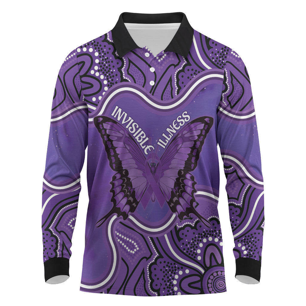 Australia Lupus Support Month Personalised Long Sleeve Polo Shirt Butterfly Purple Ribbon Invisible Illness Indigenous Art