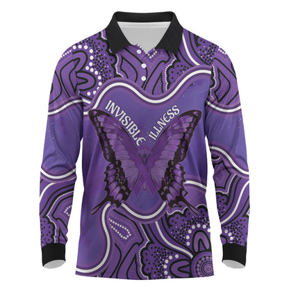 Australia Lupus Support Month Personalised Long Sleeve Polo Shirt Butterfly Purple Ribbon Invisible Illness Indigenous Art