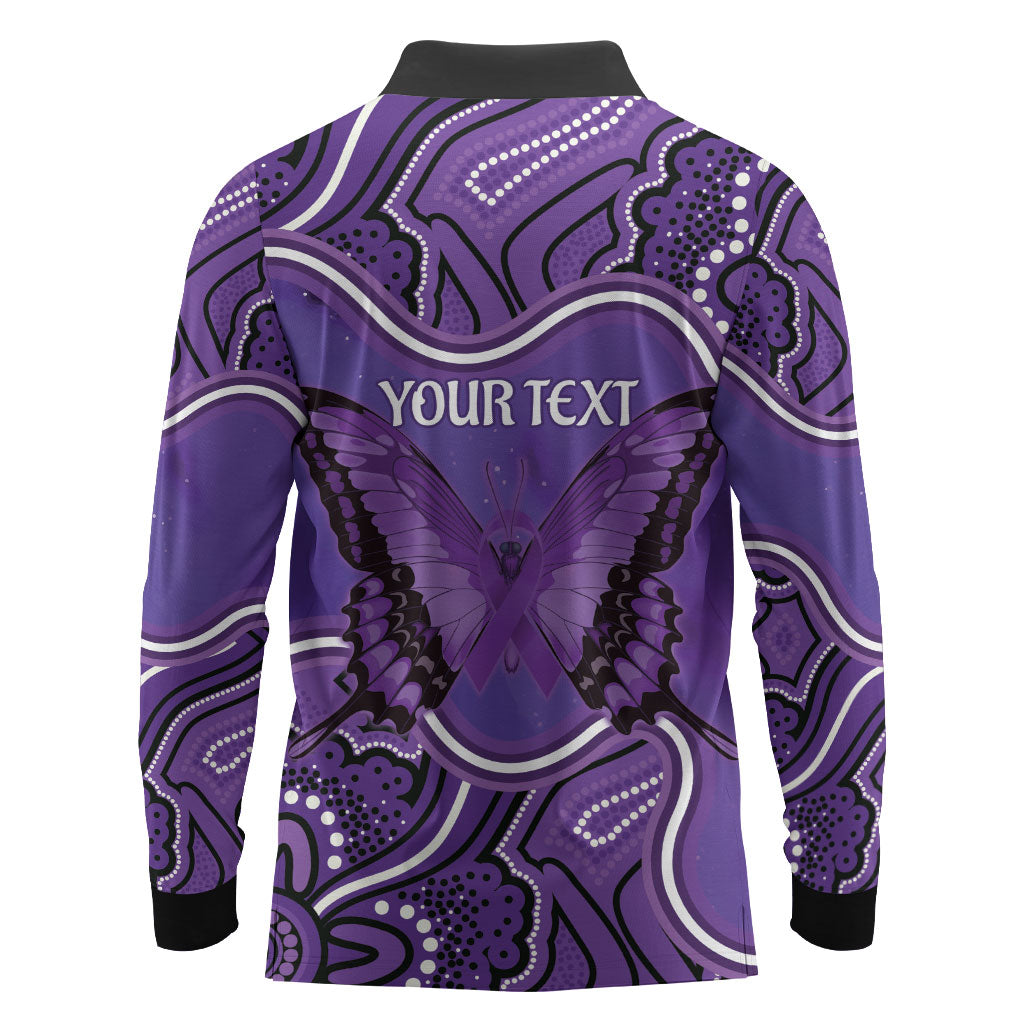 Australia Lupus Support Month Personalised Long Sleeve Polo Shirt Butterfly Purple Ribbon Invisible Illness Indigenous Art