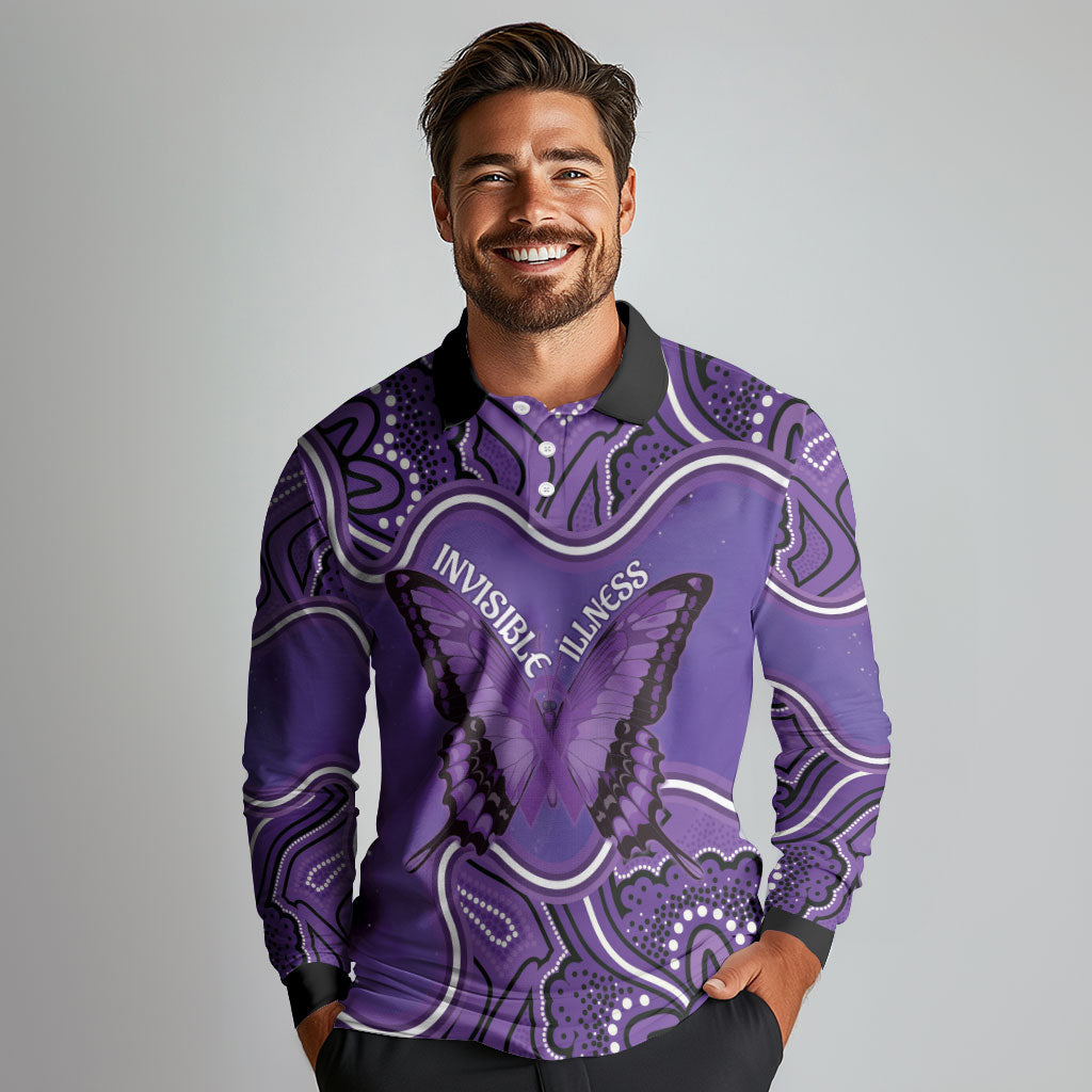 Australia Lupus Support Month Personalised Long Sleeve Polo Shirt Butterfly Purple Ribbon Invisible Illness Indigenous Art