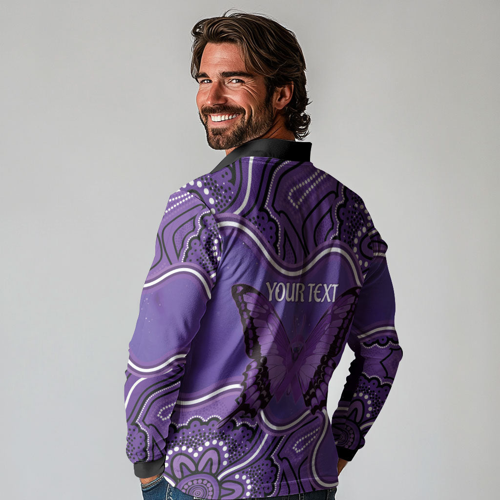 Australia Lupus Support Month Personalised Long Sleeve Polo Shirt Butterfly Purple Ribbon Invisible Illness Indigenous Art