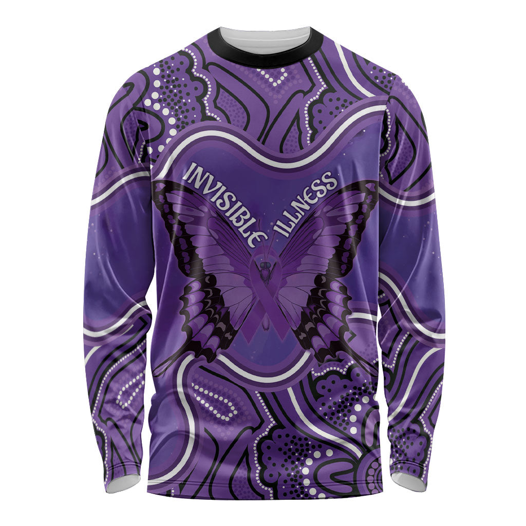 Australia Lupus Support Month Personalised Long Sleeve Shirt Butterfly Purple Ribbon Invisible Illness Indigenous Art