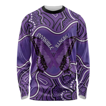 Australia Lupus Support Month Personalised Long Sleeve Shirt Butterfly Purple Ribbon Invisible Illness Indigenous Art