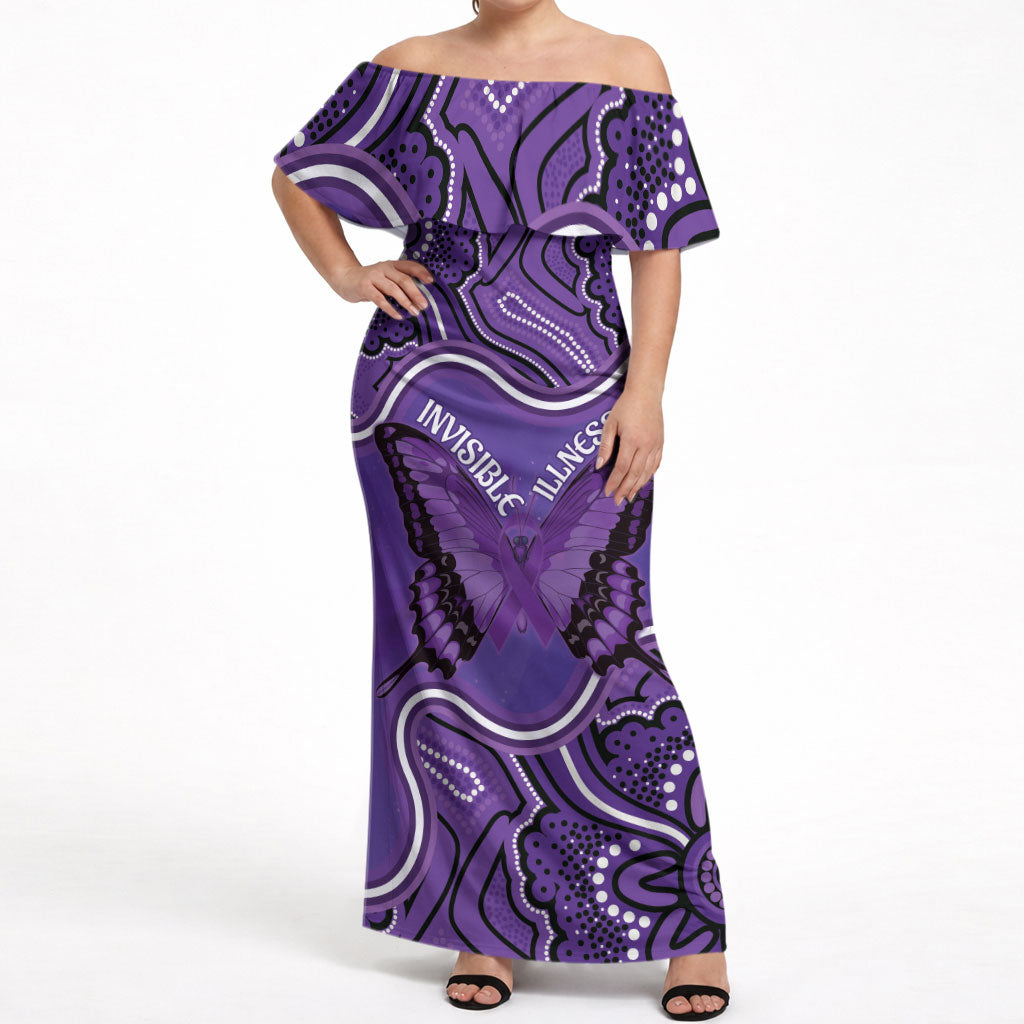 Australia Lupus Support Month Personalised Off Shoulder Maxi Dress Butterfly Purple Ribbon Invisible Illness Indigenous Art