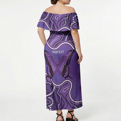 Australia Lupus Support Month Personalised Off Shoulder Maxi Dress Butterfly Purple Ribbon Invisible Illness Indigenous Art