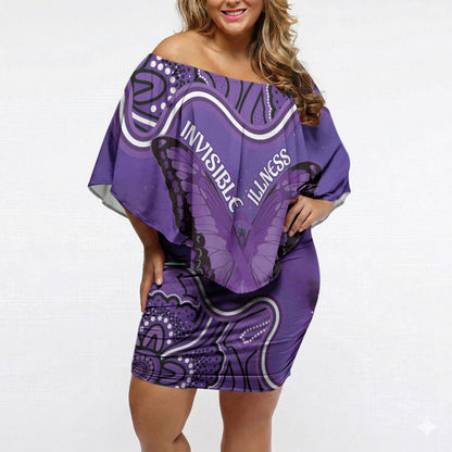 Australia Lupus Support Month Personalised Off Shoulder Short Dress Butterfly Purple Ribbon Invisible Illness Indigenous Art