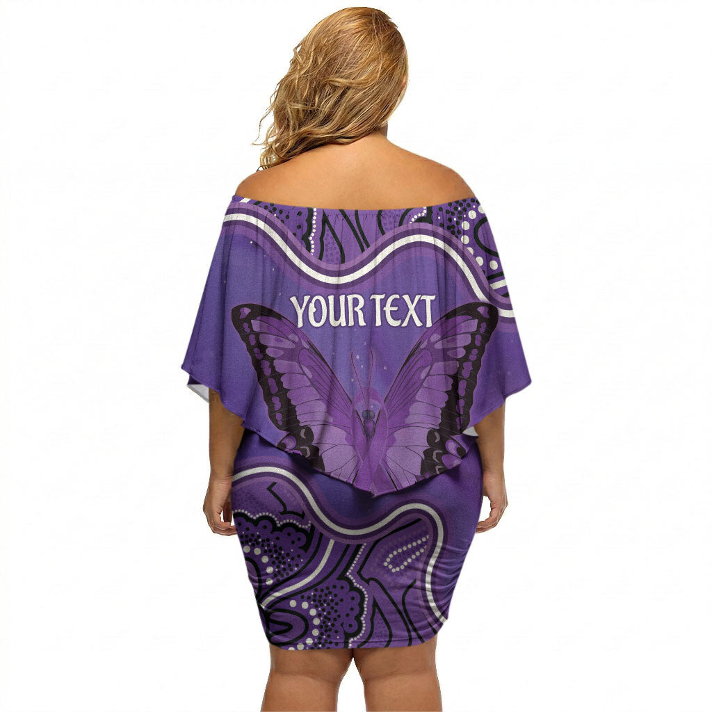 Australia Lupus Support Month Personalised Off Shoulder Short Dress Butterfly Purple Ribbon Invisible Illness Indigenous Art