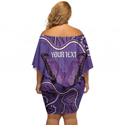 Australia Lupus Support Month Personalised Off Shoulder Short Dress Butterfly Purple Ribbon Invisible Illness Indigenous Art