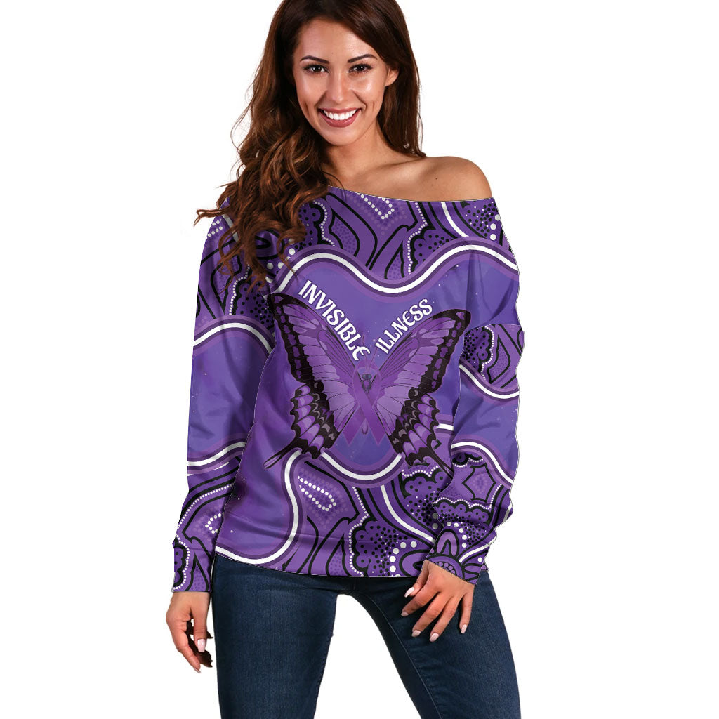 Australia Lupus Support Month Personalised Off Shoulder Sweater Butterfly Purple Ribbon Invisible Illness Indigenous Art