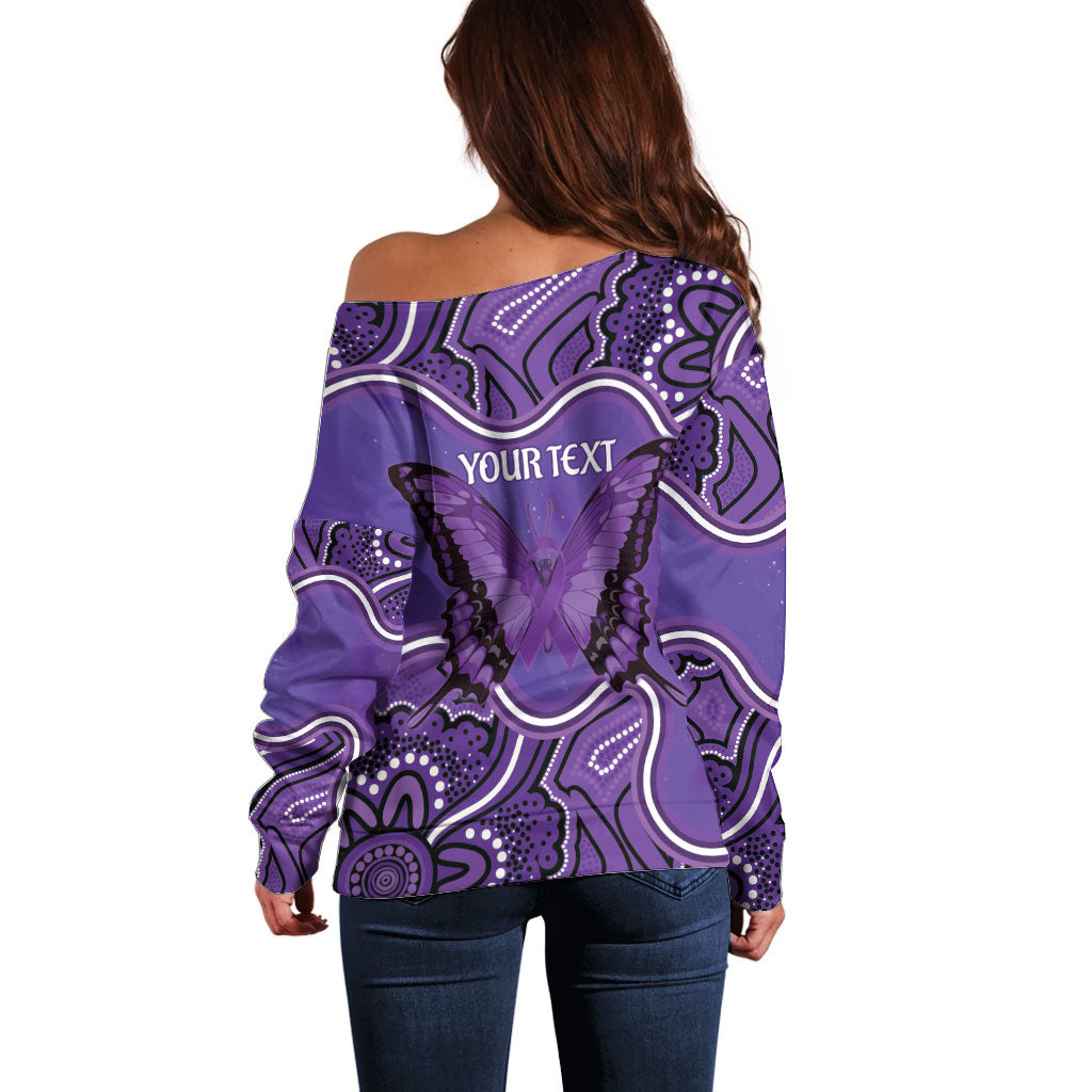 Australia Lupus Support Month Personalised Off Shoulder Sweater Butterfly Purple Ribbon Invisible Illness Indigenous Art